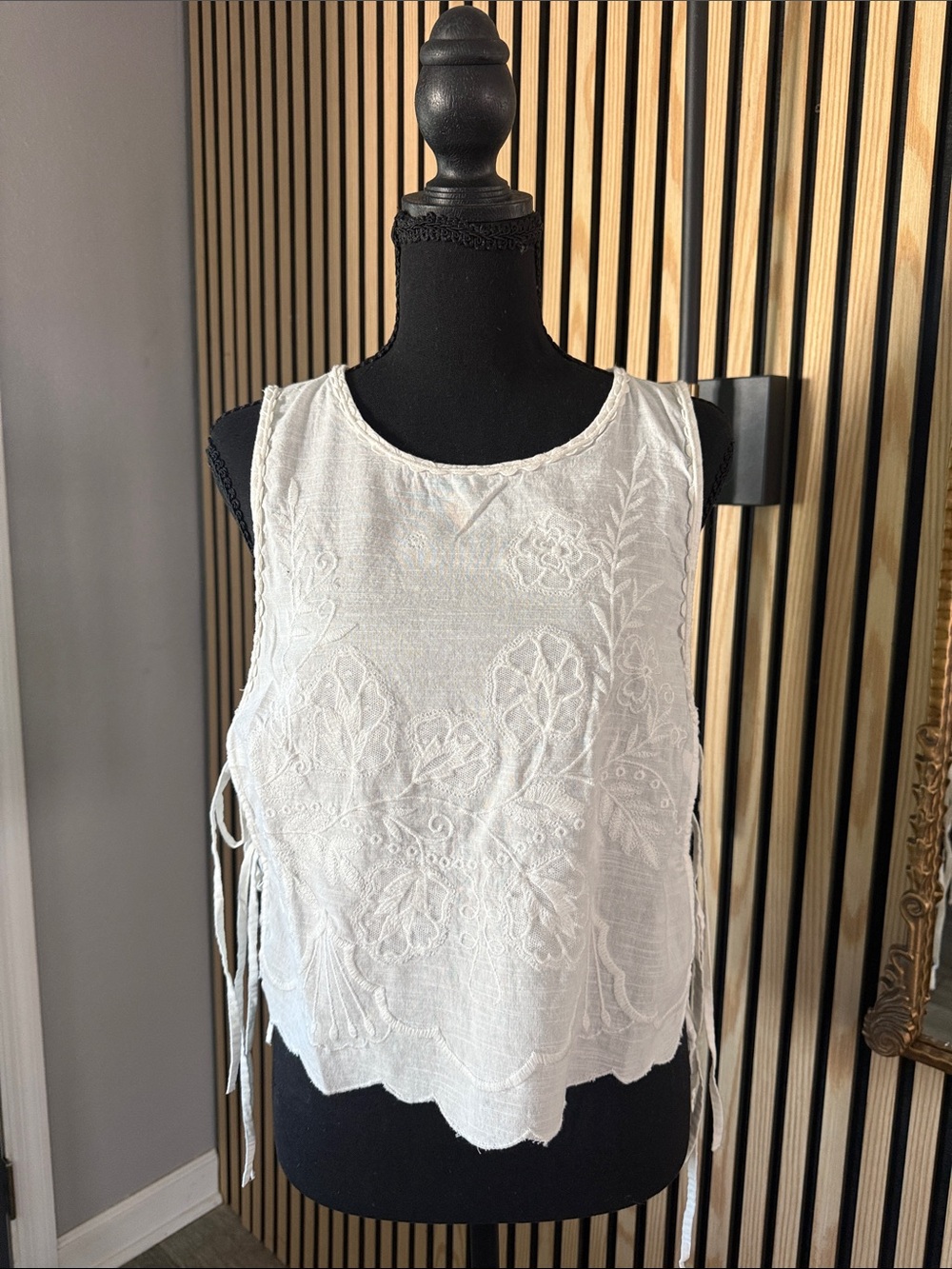 Free People White Embroidered Side Tie Sleeveless Top